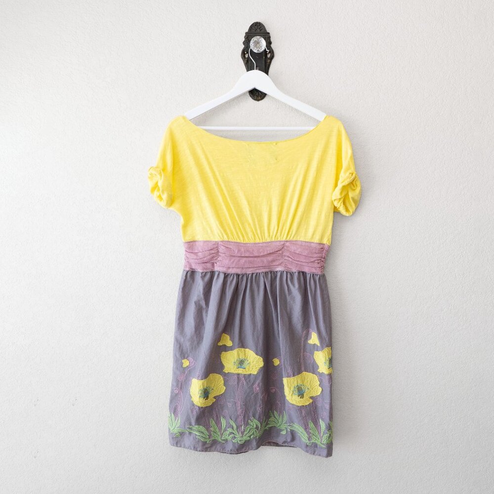 Chelsea & Violet Floral Dress L Yellow Gray Colorblock Boho Short Sleeve - Picture 7 of 12